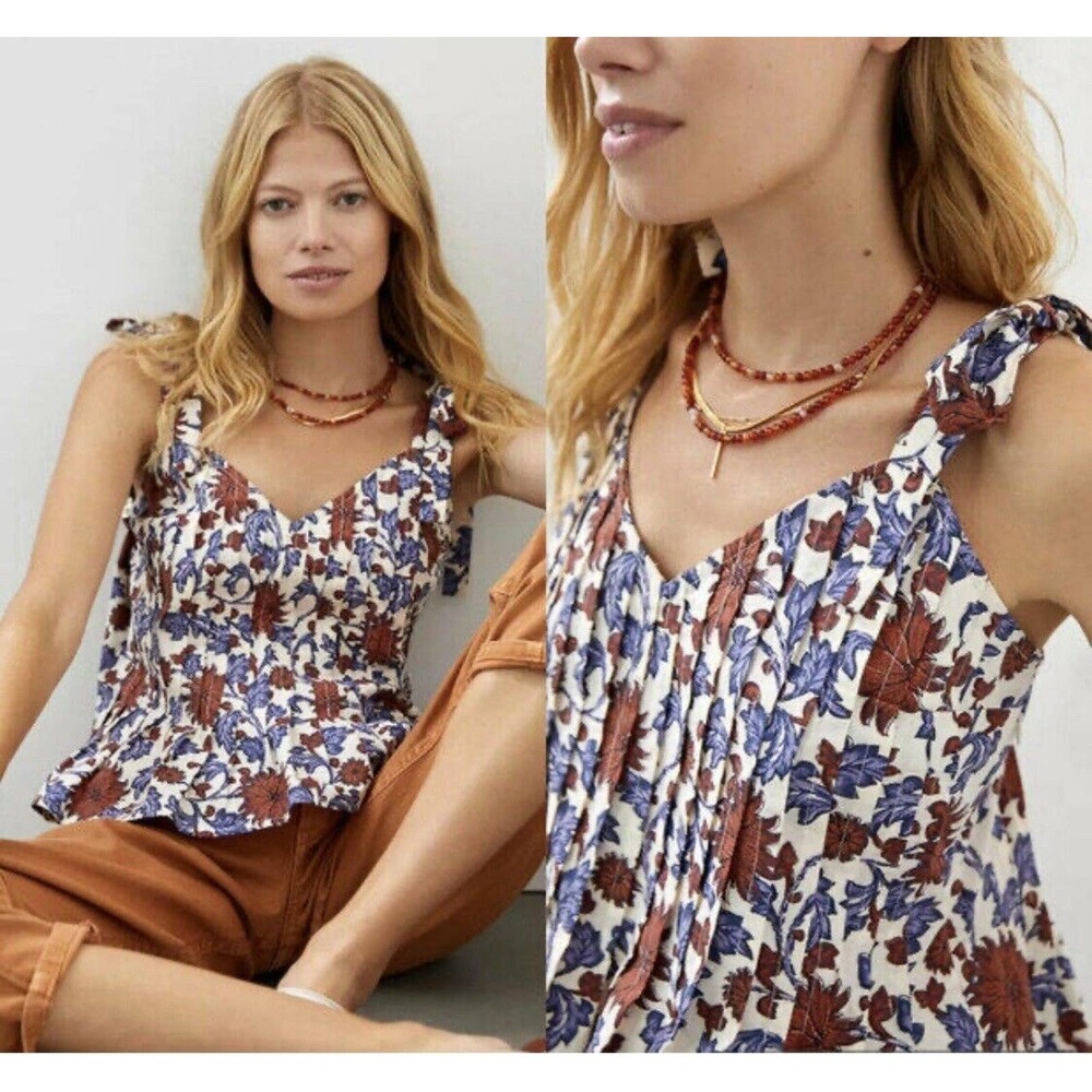 Anthropologie Floral Tank Top - Blue and Brown